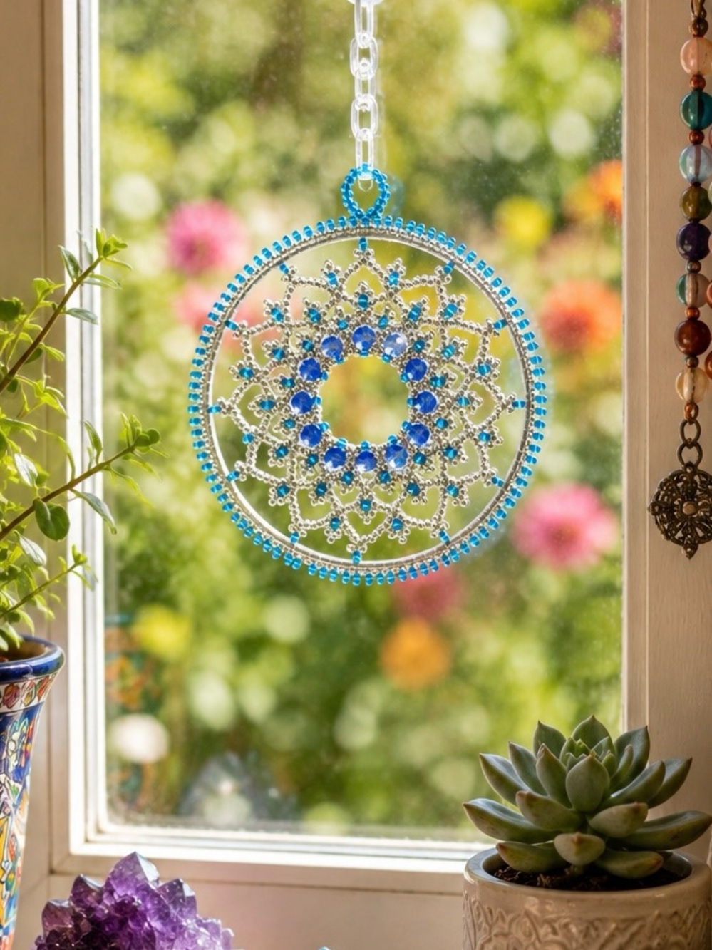 Hand Crafted Blue Beaded Mandala Window Suncatcher - Home Wall Decor